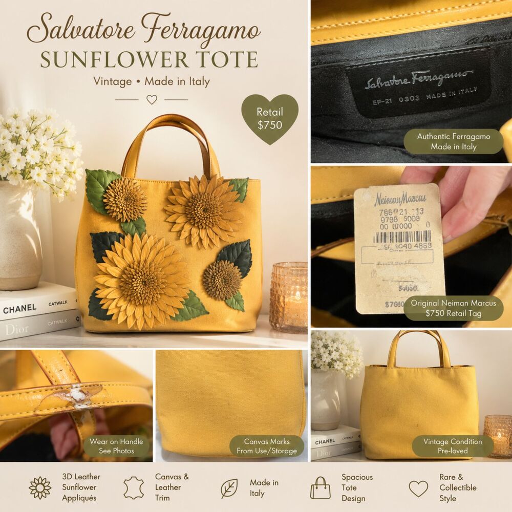 Salvatore Ferragamo Sunflower Applique Yellow Canvas Leather Tote Bag